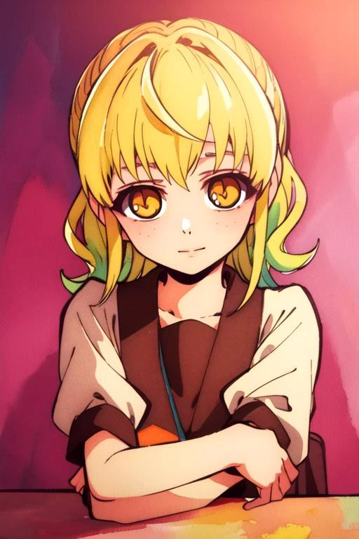 masterpiece, best quality, wallpaper, 1girl, <lora:rachel_kami_no_tou:0.70>, rachel_kami_no_tou, blonde hair, yellow eyes, solo, looking at viewer, , , (watercolor illustration, soft pastel colors:1.1), realistic, Everglow, , <lora:hanako-kun_style:0.82>, hanako-kun_style