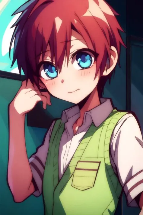 masterpiece, best quality, , 1boy, male focus, <lora:yuuta_shimada:0.70>, yuuta_shimada, red hair, blue eyes, short hair, solo, looking at viewer, upper body, , , , science fiction cyber-thriller, 2k resolution, <lora:hanako-kun_style:0.92>, hanako-kun_style