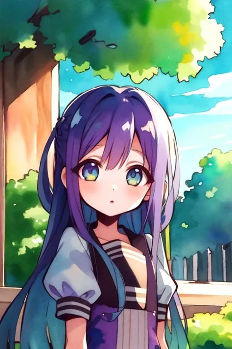 masterpiece, best quality, sketch, 1girl, turquoise eyes, purple hair, ,, solo, looking at viewer, upper body, depth of field, (watercolor illustration, soft pastel colors:1.1), , Lost Civilization, , <lora:hanako-kun_style:0.9>, hanako-kun_style