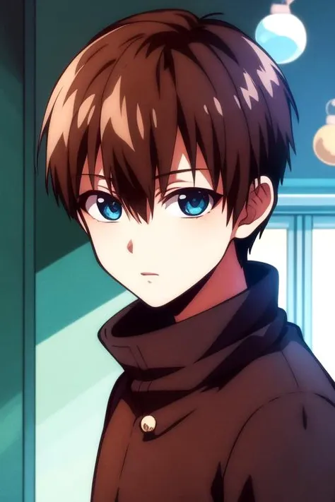 masterpiece, best quality, movie still, 1boy, male focus, aquamarine eyes, chocolate hair, christmas costume, solo, looking at viewer, upper body, depth of field, , realistic, science fiction hardboiled, 2k resolution, <lora:hanako-kun_style:0.9>, hanako-kun_style