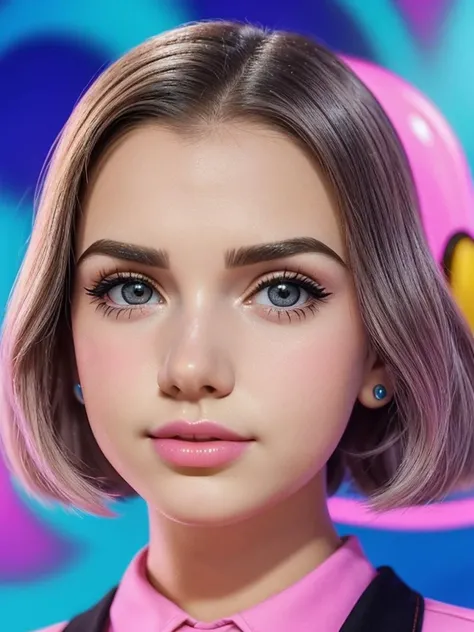 S068_SophieXDT face, trippy pop art, portrait, 1940's hairdo, headshot, formal hairstyle, flirty, parted lips, (looking at viewer)
