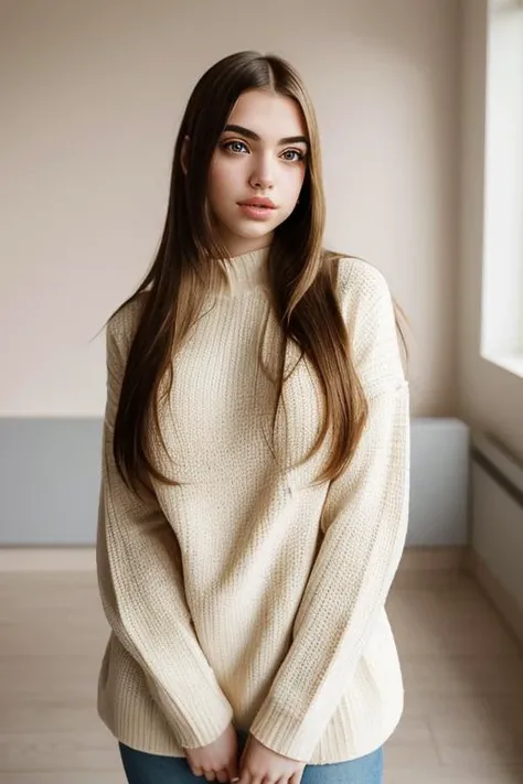 Young brunette woman, long hair, extra pale skin, freckles, bright lighting with shadows, crop top sweater