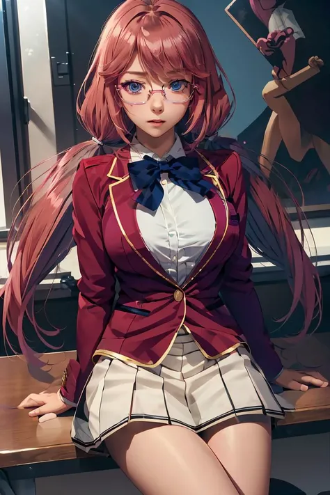 (masterpiece, best quality), 1girl, <lora:sakura_airi_v1:1> 1girl, solo, long hair, pink hair, low twintails, blue eyes, glasses, large breasts, school uniform, blue bowtie, blazer, red jacket, long sleeves, white skirt