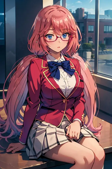 (masterpiece, best quality), 1girl,   <lora:sakura_airi_v1:1> 1girl, solo, long hair, pink hair, low twintails, blue eyes, glasses, large breasts, school uniform, blue bowtie, blazer, red jacket, long sleeves, white skirt