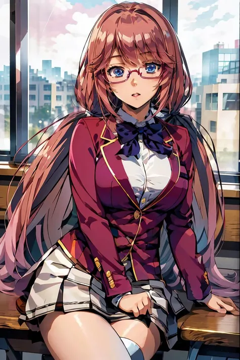 (masterpiece, best quality), 1girl,   <lora:sakura_airi_v1:1> 1girl, solo, long hair, pink hair, low twintails, blue eyes, glasses, large breasts, school uniform, blue bowtie, blazer, red jacket, long sleeves, white skirt