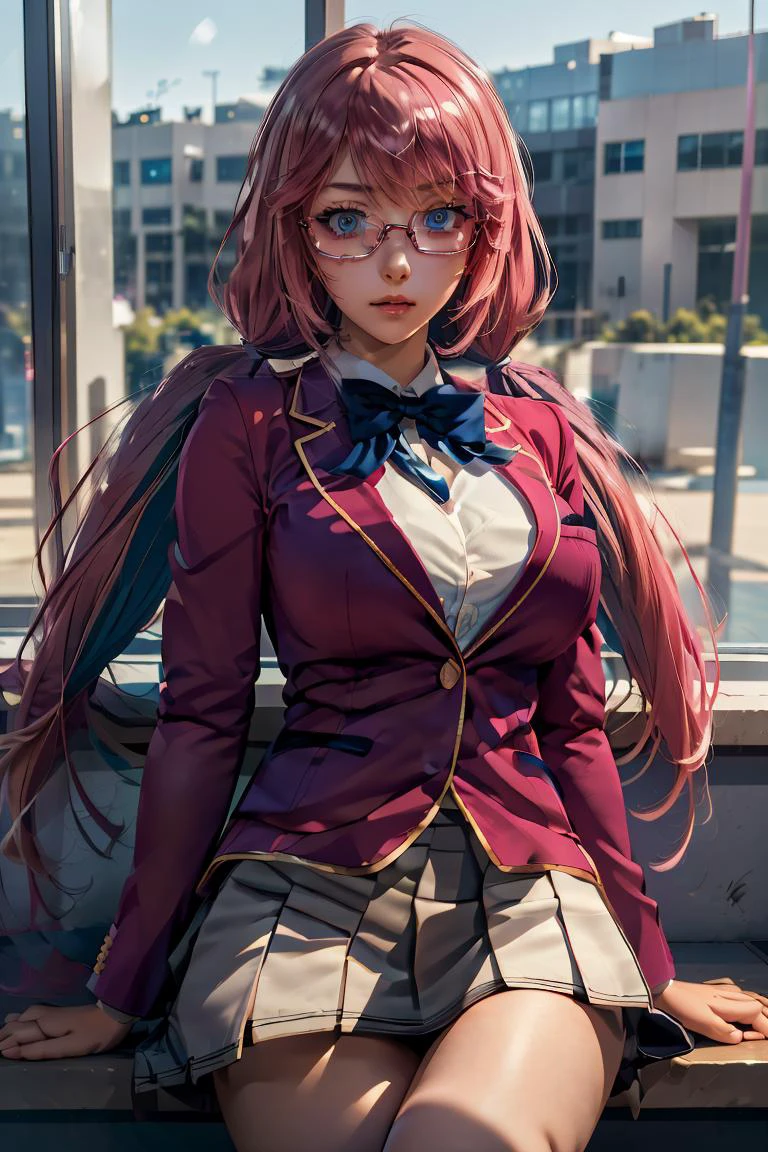 (masterpiece, best quality), 1girl, <lora:sakura_airi_v1:1> 1girl, solo, long hair, pink hair, low twintails, blue eyes, glasses, large breasts, school uniform, blue bowtie, blazer, red jacket, long sleeves, white skirt