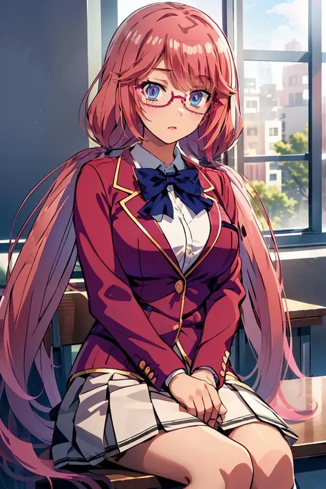 (masterpiece, best quality), 1girl, <lora:sakura_airi_v1:1> 1girl, solo, long hair, pink hair, low twintails, blue eyes, glasses, large breasts, school uniform, blue bowtie, blazer, red jacket, long sleeves, white skirt
