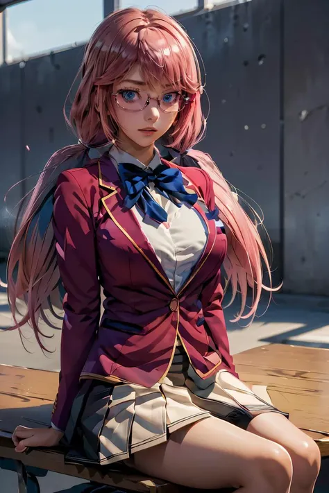 (masterpiece, best quality), 1girl, <lora:sakura_airi_v1:1> 1girl, solo, long hair, pink hair, low twintails, blue eyes, glasses, large breasts, school uniform, blue bowtie, blazer, red jacket, long sleeves, white skirt