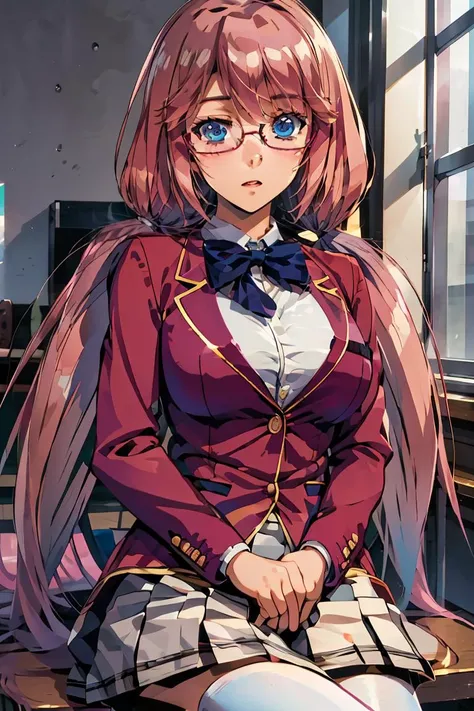 (masterpiece, best quality), 1girl,   <lora:sakura_airi_v1:1> 1girl, solo, long hair, pink hair, low twintails, blue eyes, glasses, large breasts, school uniform, blue bowtie, blazer, red jacket, long sleeves, white skirt