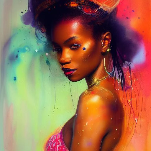 Sexy seductive little smile zulu woman by agnes cecile enki bilal moebius, intricated details, hair styled in a bun, bend over posture, full body portrait, extremely luminous bright design, pastel colours, drips, autumn lights