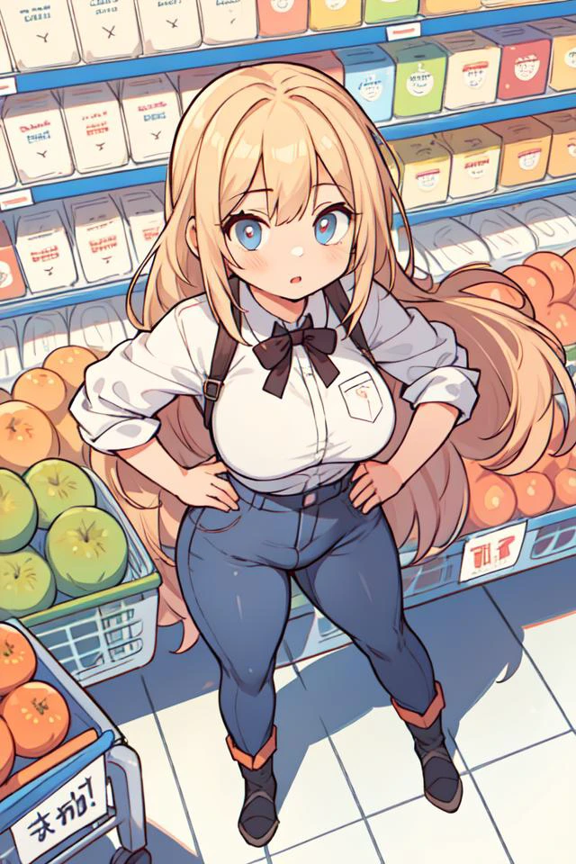masterpiece, best quality, from_above, dutch_angle, full_body, 1girl, cheek bulge, hands_on_hips, standing in a supermarket,