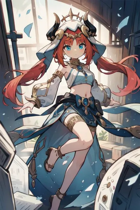 nilou, <lora:niloutest:1>, nilou, red hair, twintails, blue eyes, long hair, BREAK blue skirt, bracer, circlet, crop top, dancer, detached sleeves, fake horns, gladiator sandals, gold footwear, gold trim, horns, jewelry, long sleeves, neck ring, puffy long sleeves, puffy sleeves, sandals, skirt, thighlet, thighs, veil, white headwear, white sleeves, white veil, BREAK looking at viewer, BREAK city, BREAK, (masterpiece:1.2), best quality, high resolution, unity 8k wallpaper, (illustration:0.8), (beautiful detailed eyes:1.6), extremely detailed face, perfect lighting, extremely detailed CG, (perfect hands, perfect anatomy),
solo