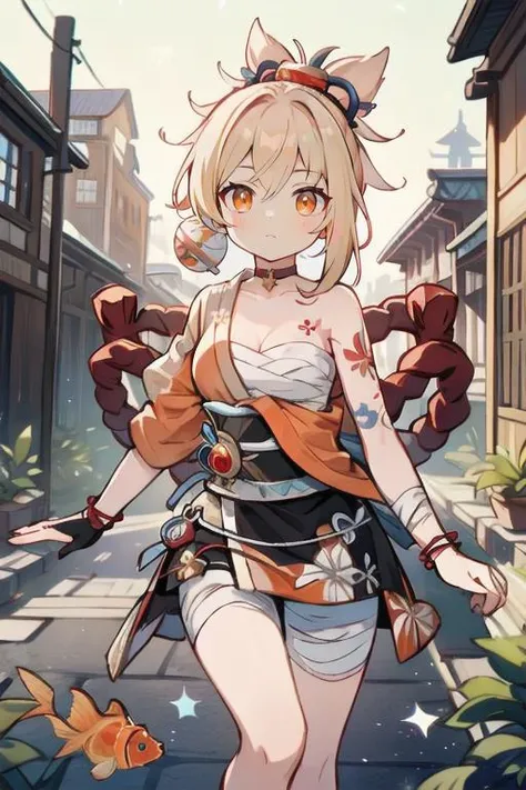 masterpiece, best quality, 1girl, <lora:spgbfAndiraXL:1> andiradef, hair ribbon, two side up, monkey tail, detached sleeves, thighhighs, white leotard, sash, choker, shawl, hagoromo, architecture, cowboy shot, east asian architecture, envelope, flower, leaf, outdoors, shimenawa, shrine, tree, closed mouth, hands up, holding, holding food, looking at viewer, looking to the side, solo