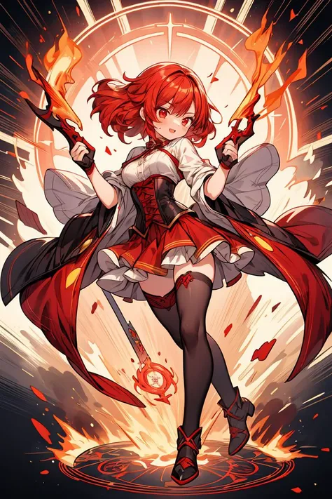 (masterpiece, best quality), 1girl, red hair, flaming hair, red eyes, flames, hands in flame, flame blade, red magic circle, red corset, black thighhighs, sidelighting, light particles, abstract, <lora:add_detail:1>