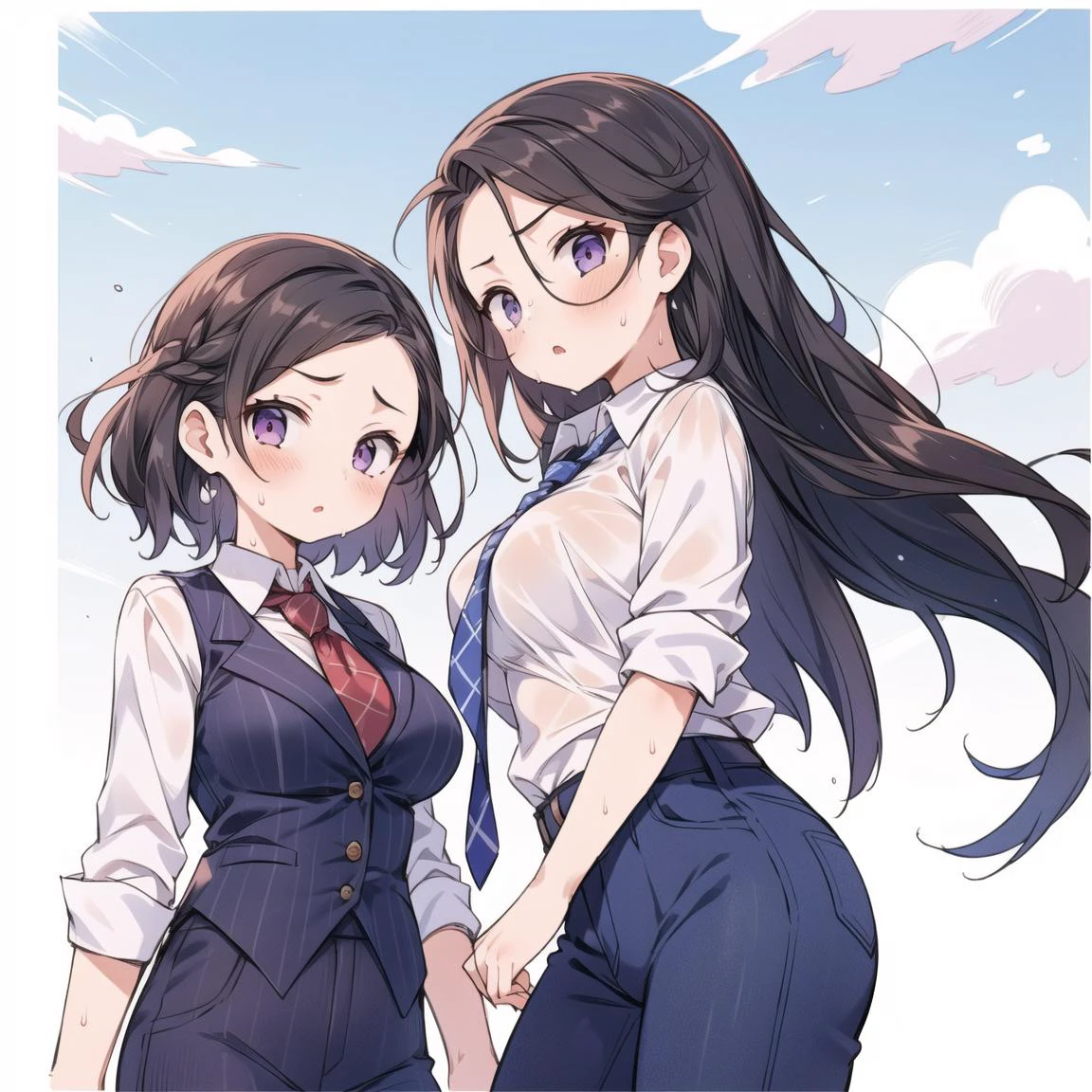 <lora:add_brightness:0.5><lora:add_detail:0.5> <lora:womansuit-1:1>
2girls, large breast, blush, forehead, black hair, glasses, formal vest, shirt, loose necktie, pants,open clothes,serious,sweat,
looking at viewer,
too_hot,
sunny,sky,moisture,