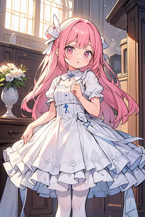 (masterpiece, best quality), 1girl, blue and white frill dress, (white stockings), pink hair, cute face, standing, indoor, intricate detail, sunlight,