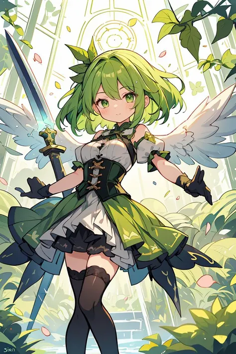 (masterpiece, best quality), 1girl, green hair, ivy hair, green eyes, flying petals, thunder blade, green magic circle, green corset, black thighhighs, sidelighting, light particles, abstract,