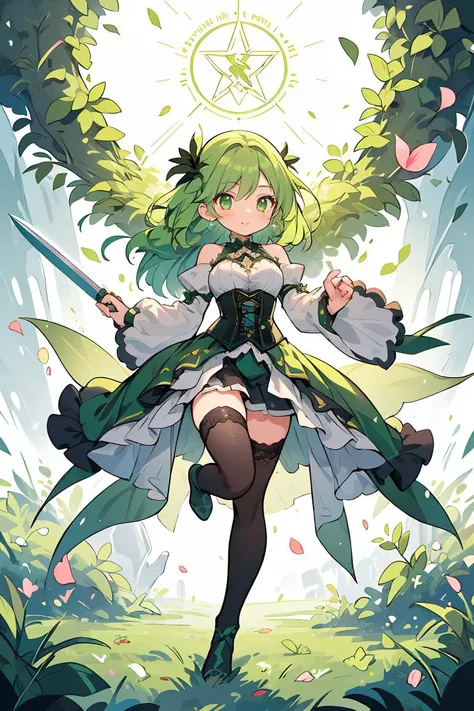 (masterpiece, best quality), 1girl, green hair, ivy hair, green eyes, flying petals, thunder blade, green magic circle, green corset, black thighhighs, sidelighting, light particles, abstract,