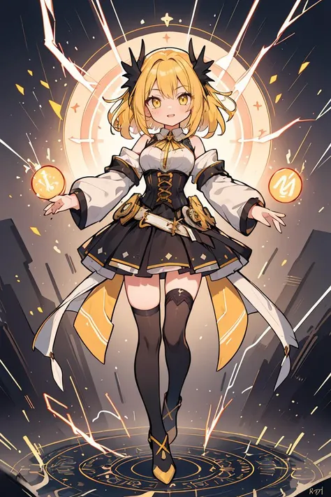 (masterpiece, best quality), 1girl, yellow hair, sparks hair, yellow eyes, electricity sparks, thunder blade, yellow magic circle, yellow corset, black thighhighs, sidelighting, light particles, abstract,