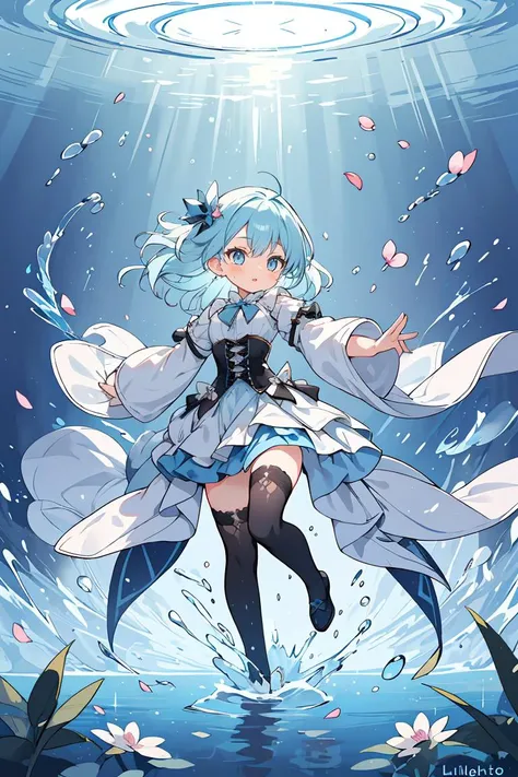 (masterpiece, best quality), 1girl, light blue hair, water hair, light blue eyes, flying petals, water blade, light blue water magic circle, light blue corset, black thighhighs, sidelighting, light particles, abstract,