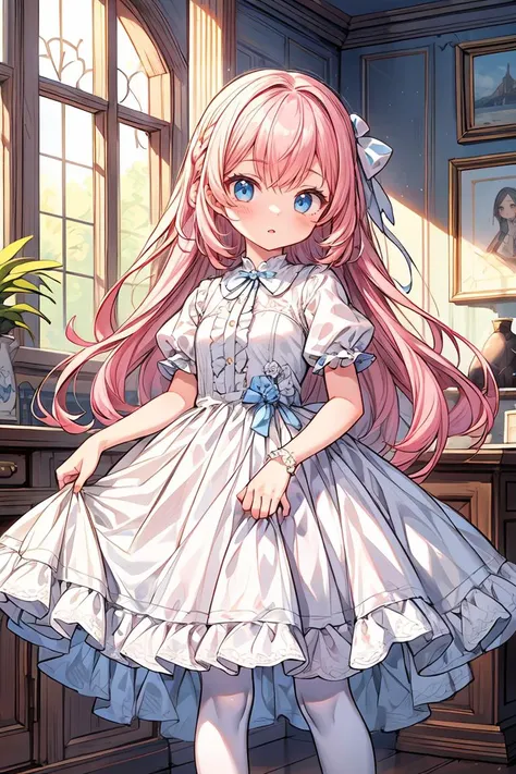 (masterpiece, best quality), 1girl, blue and white frill dress, (white stockings), pink hair, cute face, standing, indoor, intricate detail, sunlight, <lora:add_detail:1>