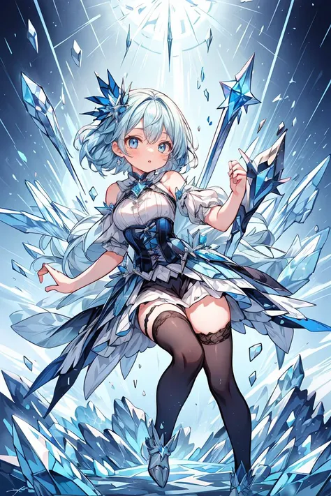 (masterpiece, best quality), 1girl, blue hair, ice hair, blue eyes, ice shards, hands crystal ice, ice blade, blue magic circle, blue corset, black thighhighs, sidelighting, light particles, abstract, <lora:add_detail:1>