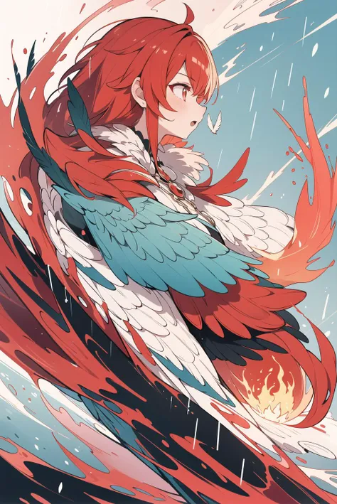 bird,fire,rain,feathers,cyan and red theme,<lora:BiFangBird:1>,1girl,blue|red hair,flaming feather,bi fang,incredibly absurdres,volcano,