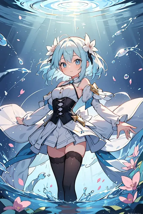 (masterpiece, best quality), 1girl, light blue hair, water hair, light blue eyes, flying petals, water blade, light blue water magic circle, light blue corset, black thighhighs, sidelighting, light particles, abstract,