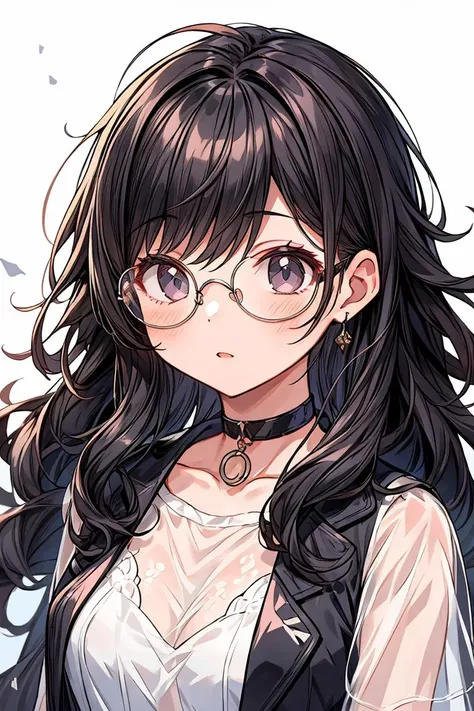 (masterpiece, best quality), 1girl, messy hair, choker, black silk pajamas, see-through, glasses, <lora:add_detail:1>