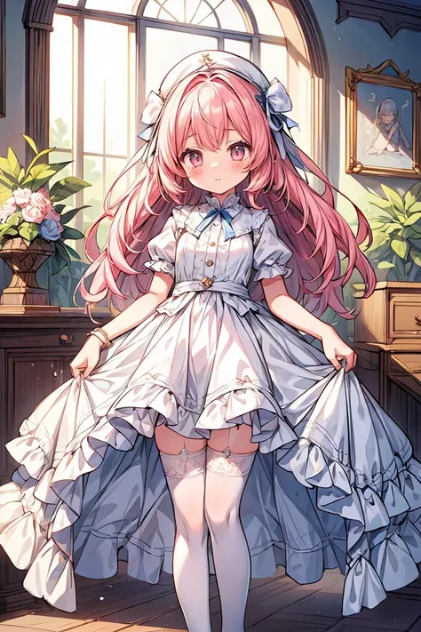 (masterpiece, best quality), 1girl, blue and white frill dress, (white stockings), pink hair, cute face, standing, indoor, intricate detail, sunlight, <lora:add_detail:1>