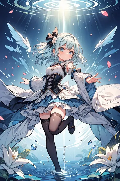 (masterpiece, best quality), 1girl, light blue hair, water hair, light blue eyes, flying petals, water blade, light blue water magic circle, light blue corset, black thighhighs, sidelighting, light particles, abstract, <lora:add_detail:1>