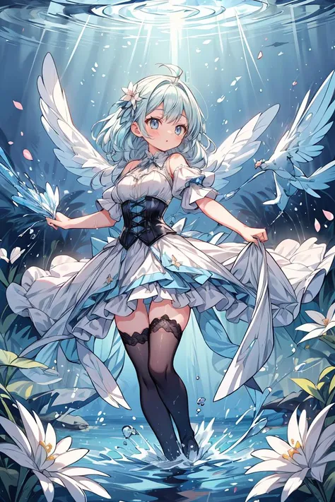 , leprechaun, white hair: long, blue eyes, small breasts, vest, garter, hair accessories, seductive smile, gaze, head tilt, behind arms, (slim), (thin legs: open legs), high detail, best quality, masterpiece, detailed ice, cumulonimbus clouds, beautiful details glow, ice crystal textured wings