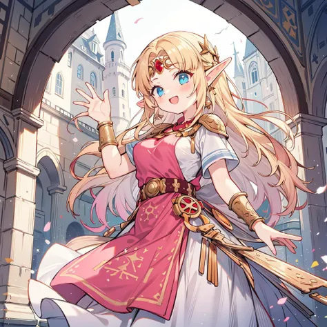 1 girl, blush, happy, wave hands, arm up, in the castle, balcony, carpet, majestic, best quality, masterpiece, ultra detailed, full color, <lora:zelda-albw-fef:1.0:lbw=BODY>, zelda-albw, blonde hair, long hair, elf ear, large breast, white dress, light pink dress, light pink apron, pale pink apron, gold bracer, jewelry, white mini skirt,