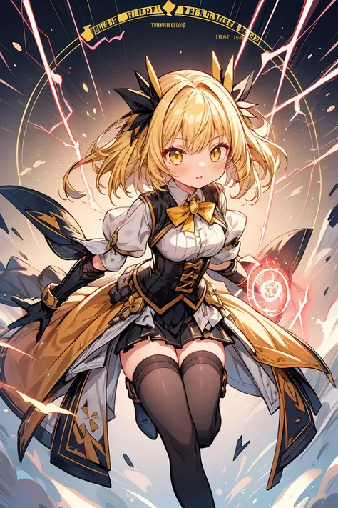 (masterpiece, best quality), 1girl, yellow hair, sparks hair, yellow eyes, electricity sparks, thunder blade, yellow magic circle, yellow corset, black thighhighs, sidelighting, light particles, abstract, <lora:add_detail:1>