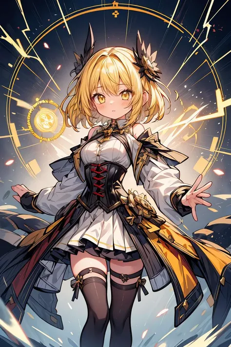 (masterpiece, best quality), 1girl, yellow hair, sparks hair, yellow eyes, electricity sparks, thunder blade, yellow magic circle, yellow corset, black thighhighs, sidelighting, light particles, abstract, <lora:add_detail:1>