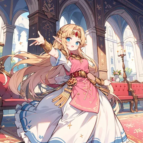 1 girl, blush, chuckle, wave hands, arm up, in the castle, balcony, carpet, majestic, best quality, masterpiece, ultra detailed, full color, <lora:zelda-albw-fef:1.0:lbw=BODY>, zelda-albw, blonde hair, long hair, elf ear, large breast, white dress, light pink dress, light pink apron, pale pink apron, gold bracer, jewelry, white mini skirt,