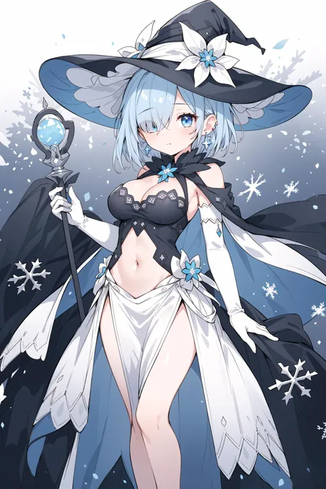 (best quality,masterpiece),((masterpiece, high quality, highres, 8k, 4k)),,1girl, solo, breasts, hat, gloves, dress, holding, witch hat, blue eyes, hair over one eye, flower, white gloves, short hair, cleavage, holding staff, staff, black dress, black headwear, hat flower, jewelry, looking at viewer, white flower, bare shoulders, covered navel, fur trim, earrings, snowflakes, elbow gloves, closed mouth, gradient, large breasts, side slit, cape, witch, gradient background, standing, blue hair, medium breasts, sleeveless dress, black background