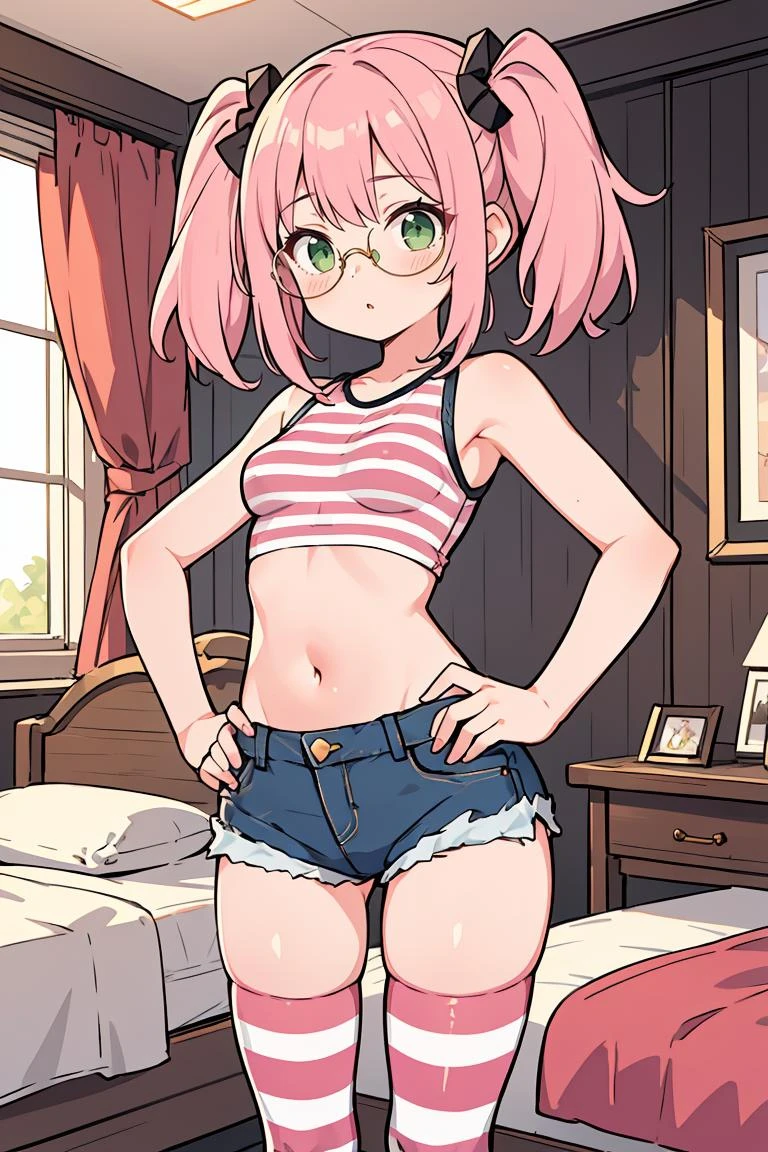 (masterpiece, best quality), 1girl, small breasts, small hips, green eyes, pink hair, crop top, denim shorts, bedroom, striped thighhighs, pervert, petite, glasses,