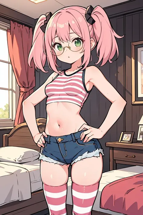 (masterpiece, best quality), 1girl, small breasts, small hips, green eyes, pink hair, crop top, denim shorts, bedroom, striped thighhighs, pervert, petite, glasses,