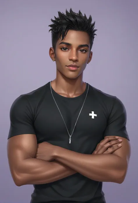 male, dark skin, black hair, black eyes, clothes in black male shirt,smirk, crossed arms, room background  <lora:Greg XL:0.7> greg