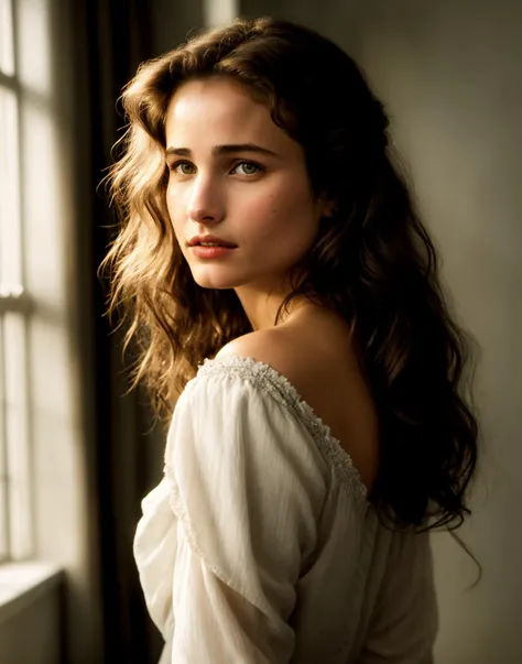 Andie MacDowell, HDR photo of beautiful young woman, from behind, looking over her shoulder, perfect eyes, highly detailed beautiful expressive eyes, detailed eyes, fair complexion, light makeup, light colored lipstick, gorgeous off the shoulder blouse, standing in a very dark room, large windows in the background . High dynamic range, vivid, rich details, clear shadows and highlights, realistic, intense, enhanced contrast, highly detailed