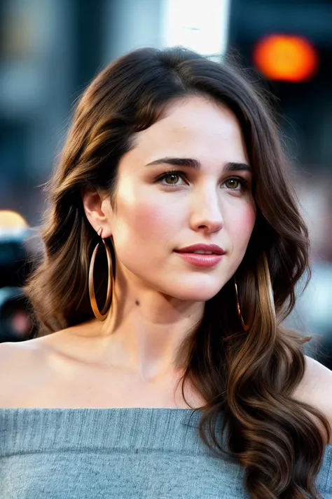 photo of beautiful (amcdowell:0.99), a woman with long beautiful hair, as a movie star in a (movie premiere), premiere gala, (near a movie theatre), natural skin texture, (elegant Marines Blue sweater off-shoulder with a strap), 24mm, 4k textures, soft cinematic light, adobe lightroom, photolab, hdr, intricate, elegant, highly detailed, sharp focus, ((((cinematic look)))), soothing tones, insane details, intricate details, hyperdetailed, low contrast, soft cinematic light, exposure blend, hdr, faded, (paparazzi in background), (hoop earrings)