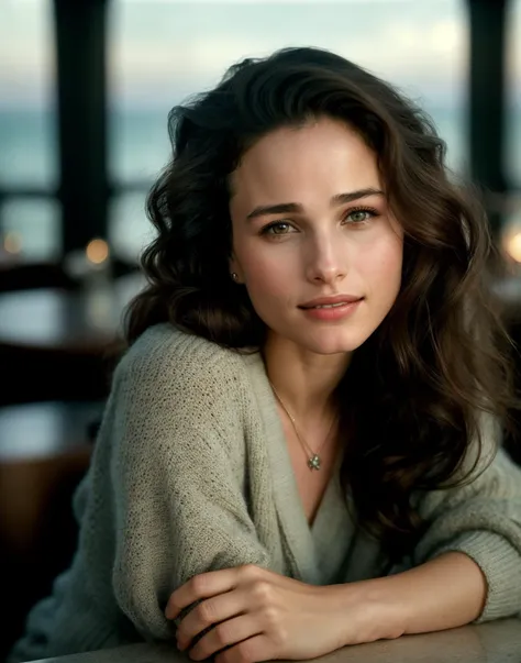 Andie MacDowell, photo of gorgeous, (smiling), perfect eyes, highly detailed beautiful expressive eyes, detailed eyes, glamorous hair,(award winning modern photography), (oversized cropped sweater and skirt:1.1), 85mm, (analog, cinematic, film grain:1.3), (A chic, contemporary seafood restaurant, filled with gourmet dishes and a relaxed, seaside atmosphere:1.2), detailed eyes, (epiCPhoto), necklace, eyeliner, (looking at viewer:1.2), (cinematic shot:1.3),