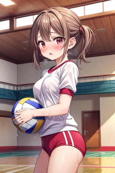 ultra-detailed,masterpiece,best quality,1girl,(petite),blush,middle breasts,sgu,gym uniform,indoor,volleyball court,sweat,wet,volleyball net<lora:add_detail:1> <lora:sgu:0.6>