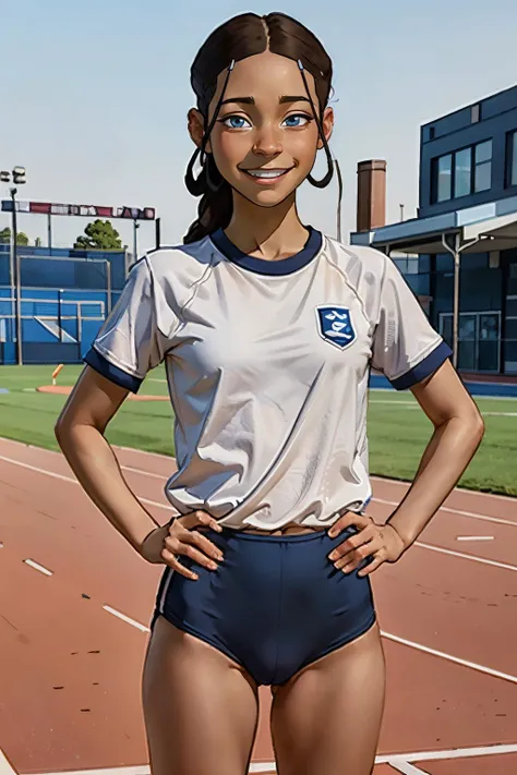 katara, dark skin, blue eyes, brown hair, hair ornament,
sgu, gym uniform,white shirt, blue buruma, looking at viewer, smiling, standing, hands on hips, outside, track and field, blue sky, high quality, masterpiece, <lora:sgu v1.1:.7> <lora:k3t3r3_redo:.8>