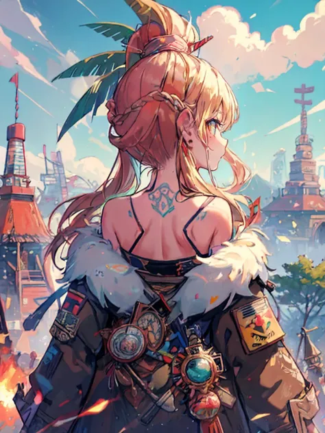 best quality, masterpiece, jp-j3c 1girl, (style-swirlmagic:0.8), solo, from back, back view, upper body, looking up, detailed background, detailed face, (<lora:CulturePunkBundle-000007:0.5>, tikiai, tiki theme:1.1), military commander, ruler, (1700s, american revolution, enlightenment era:1.1), historic, determined expression, battle-worn clothes, coat of arms, leadership, , battle-hardened, , tactical genius, intense action, fortifications in background, banners, explosions, <lora:detail_slider_v4:2>
