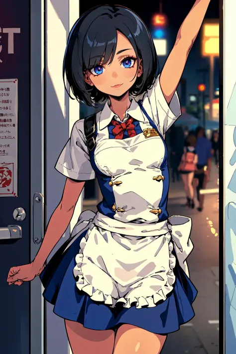 (best quality, masterpiece:1.1), scenery,
1girl,
lovely medium small breasts, smile,
golden eye,
Sharp eyeliner,
black hair, absurdly short hair, hair over one eye,
BREAK, arm up,
close up, looking outside,
<lyco:annaMillersCostume_amsc:0.6>, AMSC, waitress, apron, uniform, gradient skirt, short sleeves, Roller skating, disco ball, skate rentals, music, snacks, tamarind,
<lora:EtrianV2.1:0.85>,