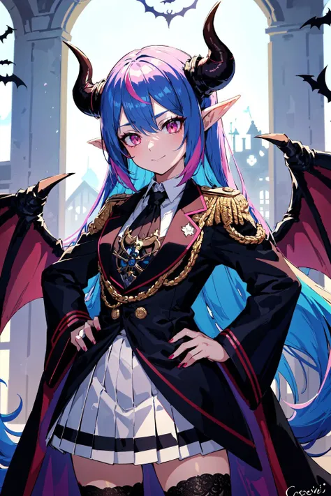 (best quality, masterpiece:1.1), scenery, 
1girl, 
shoujo, 
lovely medium small breasts,  evil face,      
cyan eye, 
rainbow hair, absurdly long hair, messy hair,      
(hot pink horns, intricate devil horns), brown wings, (bat wings), succubus, devil, pointy ears, 
<lyco:gothGirlLora_v10:0.5>, goth girl, goth makeup,   freakles, body freakles,    
BREAK,  ((both hand on hip), standing straight, upper body), 
close up,     
 detailed costume, black military coat, white military uniform, white pleated skirt,  cogwheel room, (excessvie cogwheels),