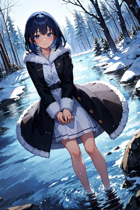 (best quality, masterpiece:1.1), scenery, 
1girl, 
shoujo, 
lovely medium small breasts,  desired face,     drooling, 
black eye, 
blue hair, asymmetrical bangs, hair between eyes,      
BREAK,  hug, 
full body, dynamic angle,  looking at viewer, staring,  looking down, 
(fur trimmed jacket, long skirt),  snow, winter forest, (forest, river, water),  river flow,