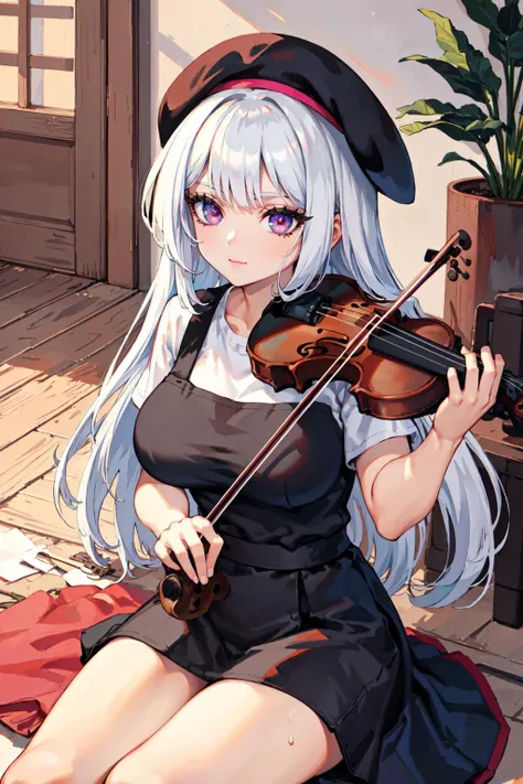 (best quality, masterpiece:1.1), scenery, 
1girl, 
lovely huge breasts,  :3,      
hot pink eye, 
white hair, long hair, blunt bangs,      
BREAK,  (sit on floor), 
cowboy shot,   (facing up:1.2),  
black beret, white t-shirt, black apron, black long skirt, gears, instrument, music, playing instrument, violin, 
 <lora:EnvyBeautyMix19:0.85>,